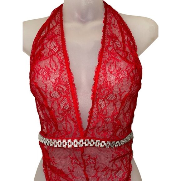 NWT Victoria’s Secret Rhinestone Waist Unlined Red Lace halter style Teddy L - Picture 6 of 10